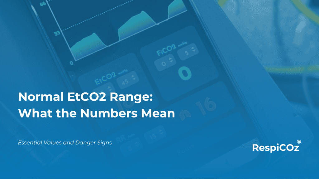Chart of the normal EtCO2 range and hypocapnia and hypercapnia bands